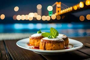 two cakes on a plate with a bridge in the background. AI-Generated photo