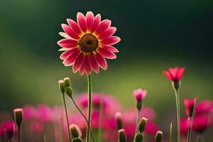 a pink flower is standing in the middle of a field. AI-Generated photo