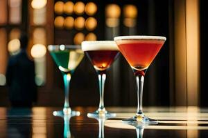 three different colored cocktails sit on a table. AI-Generated photo