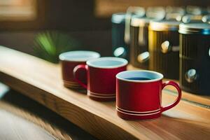 coffee cups on a wooden table. AI-Generated photo