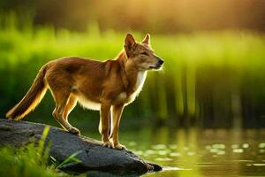 a dingo is standing on a rock in the water. AI-Generated photo