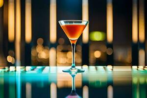 a cocktail sitting on a bar with lights behind it. AI-Generated photo