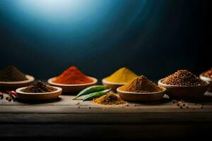 spices in bowls on a wooden table. AI-Generated photo