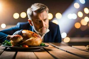 a man in a suit is looking at a roasted turkey. AI-Generated photo