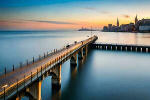 un largo exposición fotografía de un puente terminado el agua. generado por ai foto