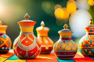 colorful vases on a table with bright light. AI-Generated photo