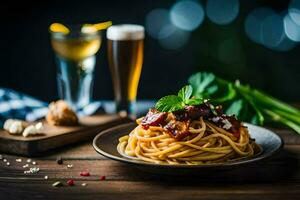 spaghetti with meat and vegetables on a plate. AI-Generated photo