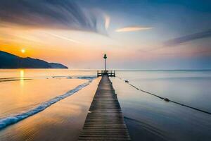 a long exposure photograph of a pier in the ocean. AI-Generated photo