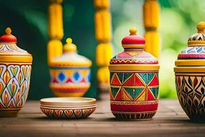 colorful painted pots on a wooden table. AI-Generated photo