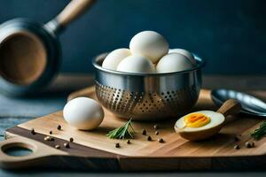 a bowl of eggs and a spoon on a cutting board. AI-Generated photo