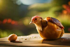 un pollo es sentado en un de madera mesa con un huevo. generado por ai foto