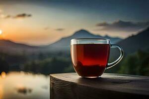 un taza de té en un de madera mesa en frente de un lago y montañas. generado por ai foto