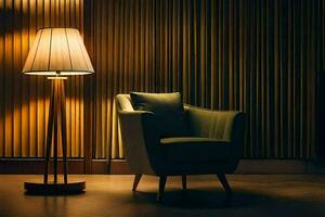 un silla y lámpara en un oscuro habitación. generado por ai foto