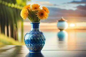 a blue vase with yellow flowers sitting on a table. AI-Generated photo