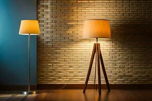 two lamps on a wooden floor in front of a brick wall. AI-Generated photo