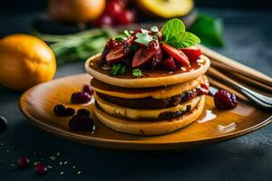 stack of pancakes with berries and syrup on top. AI-Generated photo
