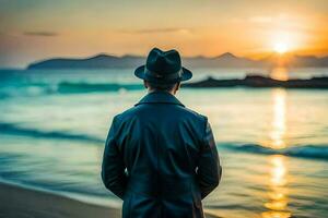 a man in a hat and coat stands on the beach at sunset. AI-Generated photo