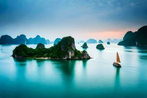 the boat is sailing in the water near some islands. AI-Generated photo