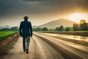 a man in a suit and hat walks down a dirt road. AI-Generated photo