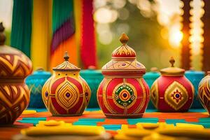 colorful pottery on a table with colorful cloth. AI-Generated photo