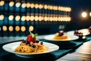 a table with plates of food and candles. AI-Generated photo
