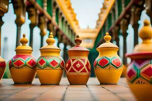 colorful vases are lined up on a brick walkway. AI-Generated photo