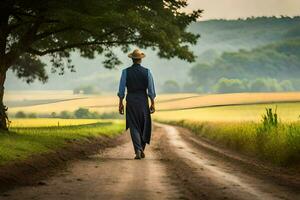 un hombre en un sombrero y azul vestir caminando abajo un suciedad la carretera. generado por ai foto