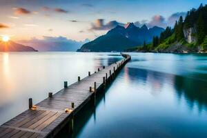 a wooden pier stretches out into the water at sunset. AI-Generated photo