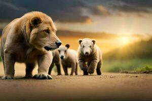 a lion and two cubs walking on a road. AI-Generated photo