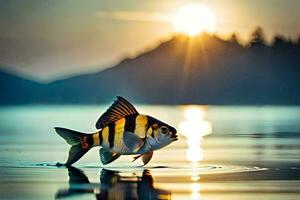 un pescado es en pie en el agua a puesta de sol. generado por ai foto