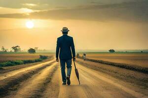 a man in a suit and hat walking down a dirt road. AI-Generated photo