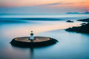 a lighthouse sits on the rocks at sunset. AI-Generated photo