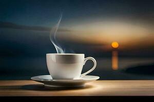 a cup of coffee on a table with a sunset in the background. AI-Generated photo