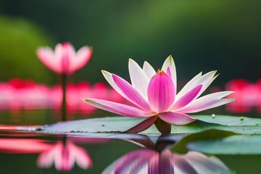 rosado loto flor en el agua con hojas. generado por ai foto
