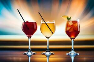 three glasses of different alcoholic drinks on a table. AI-Generated photo