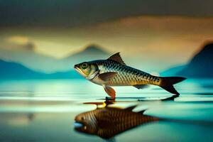 un pescado es en pie en el agua con montañas en el antecedentes. generado por ai foto