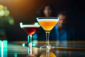 two cocktails sit on a bar counter. AI-Generated photo