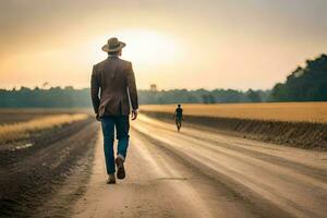 a man in a suit and hat walks down a dirt road. AI-Generated photo