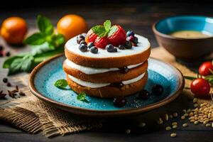 un apilar de panqueques con bayas y crema. generado por ai foto