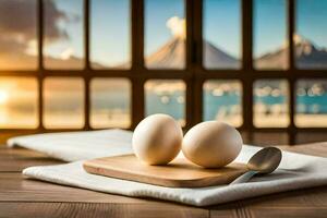 two eggs on a wooden table with a view of the mountains. AI-Generated photo