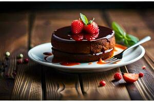 a chocolate cake with strawberries and syrup on a plate. AI-Generated photo