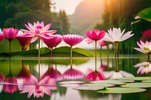 rosado loto flores en el agua con verde hojas. generado por ai foto