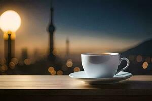 a cup of coffee on a wooden table in front of a cityscape. AI-Generated photo