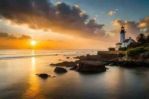 un faro se sienta en el apuntalar de un playa a puesta de sol. generado por ai foto