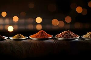 a row of spices on a wooden table. AI-Generated photo