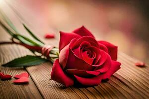 a single red rose on a wooden table with hearts. AI-Generated photo