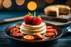 pancakes with strawberries and maple syrup on a plate. AI-Generated photo