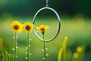 a metal ring hanging from a tree in a field. AI-Generated photo