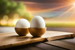 dos huevos en un de madera bandeja con un puesta de sol en el antecedentes. generado por ai foto