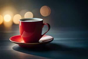 a red cup of coffee on a wooden table. AI-Generated photo